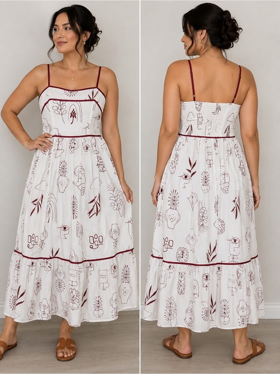 Moon River Dresses & Skirts - Moon River White Maxi Dress with Maroon Sketch Print